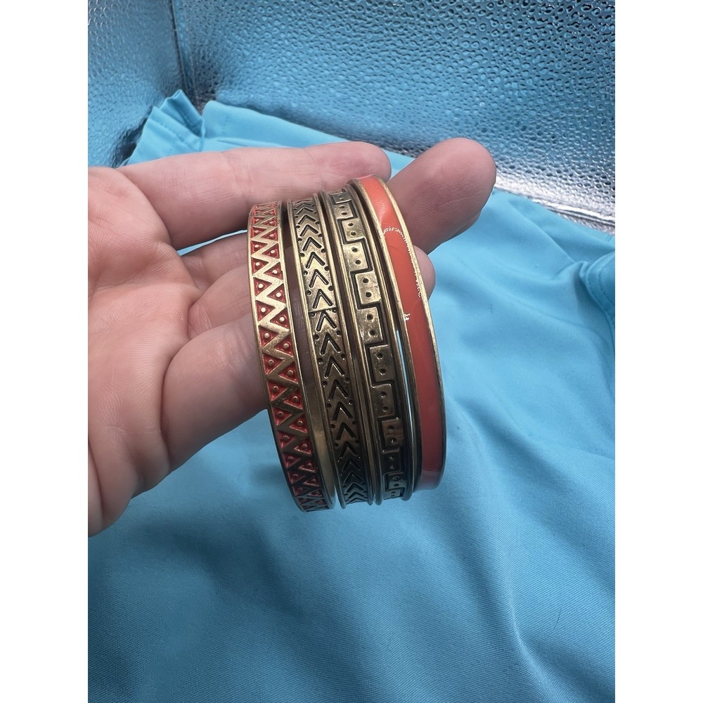 Vintage Orange Light Coral Enamel Gold Tone Bangle Bracelet Set Of 4 W/ Designs